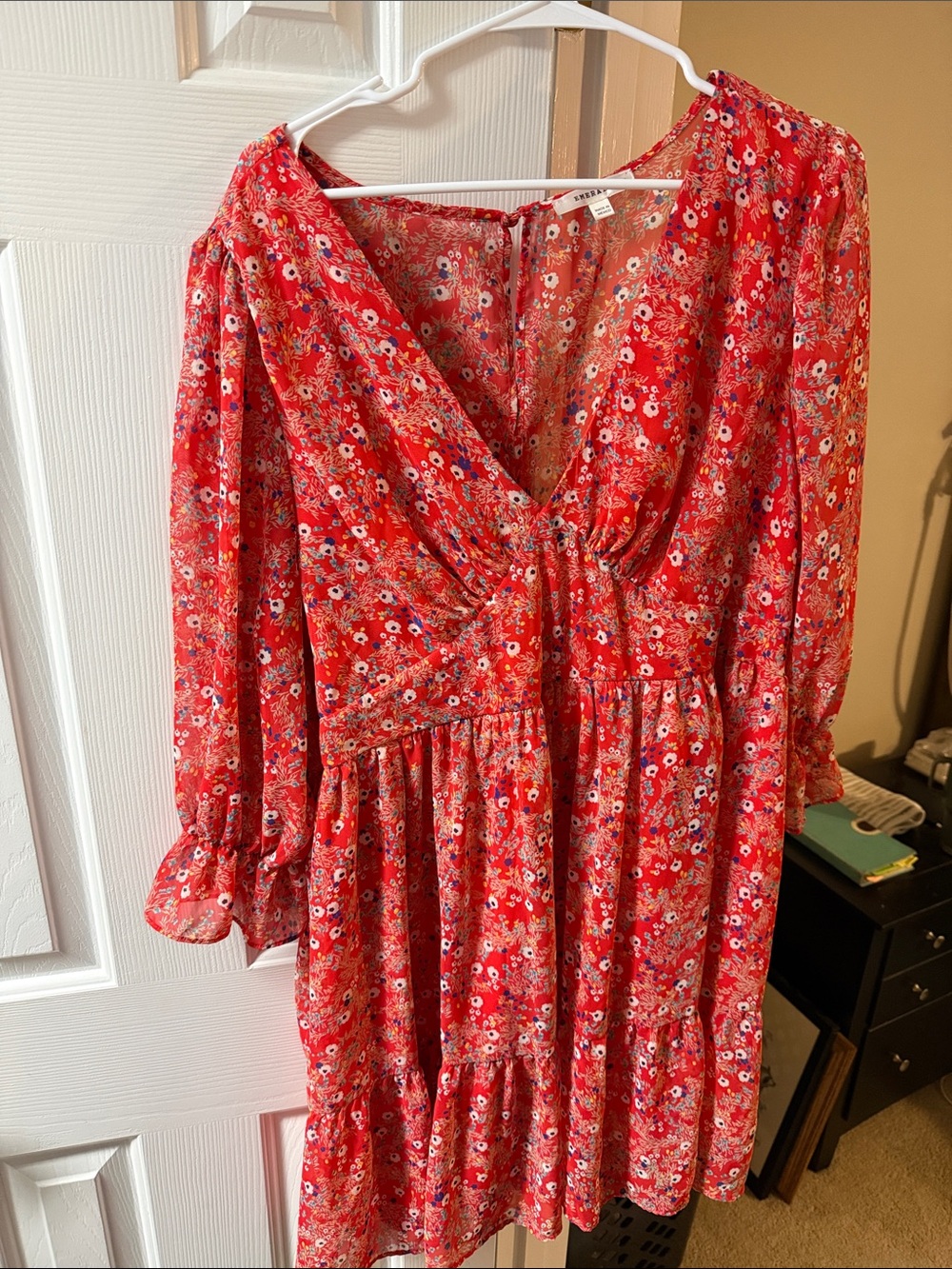 Emerald Red Floral Long Sleeve V-Neck Dress
